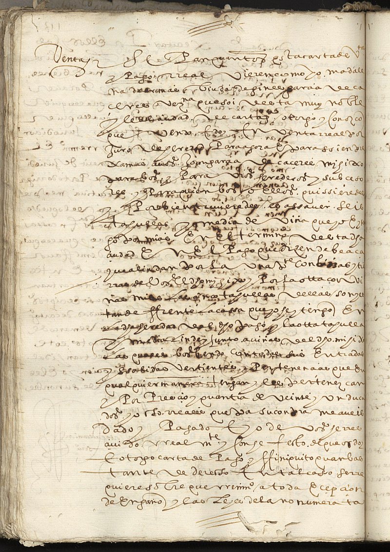 Venta de Magdalena de Román, viuda de Ginés García de Cáceres y vecina de Cartagena, a Juan García de Cáceres, su hijo, de seis tahúllas y media de viña en el pago de Beaza.